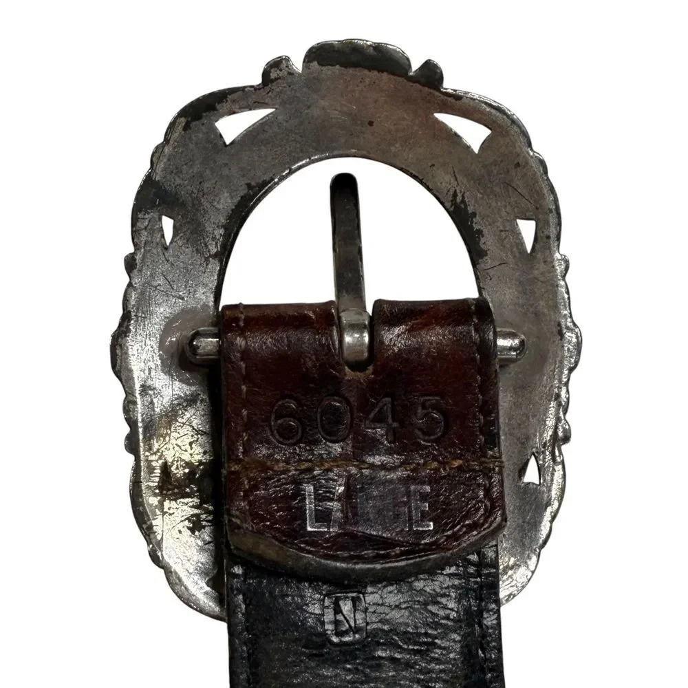 Vintage Reversible Leather Belt Brown Black Ornate Silvertone Embellishments L